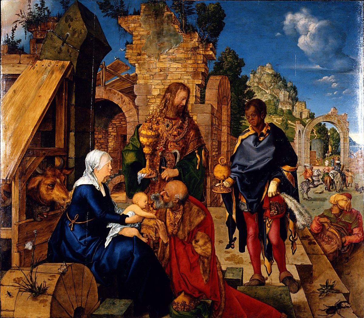 Albrecht Dürer, Klanění tří králů, olej na plátně, 98×111 cm, 1504, Galleria degli Uffizi, Florencie