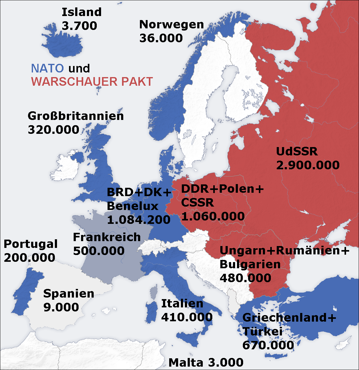 Státy Varšavské smlouvy a NATO (bez USA a Kanady) v roce 1973, včetně statistiky počtu ozbrojených sil.