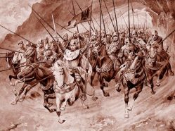 Ilustrace Věnceslava Černého ke Starým pověstem českým Aloise Jiráska - svatý Václav vyjíždí v čele blanických rytířů z hory (1898)