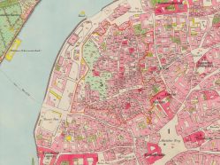 Stará katastrální mapa původního katastru Josefova a okolí, zachycující situaci před asanací. Červeně je zvýrazněna hranice josefovské západní enklávy.